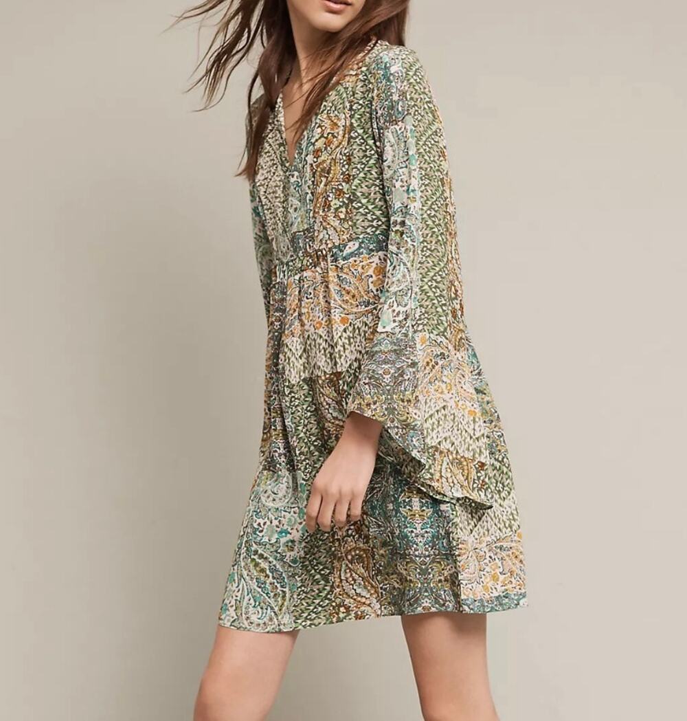 Floreat by Anthropologie Green Mixed Media Patterned Whimsy Dress Boho Size 4